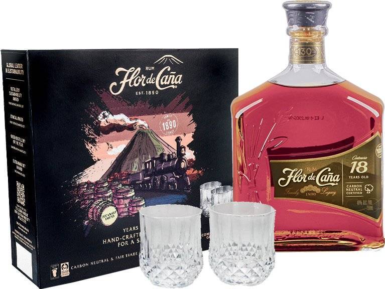 FLOR DE CANA RUM FLOR DE CANA 18 ΕΤΩΝ GIFT BOX 700 ML + 2 GLASSES