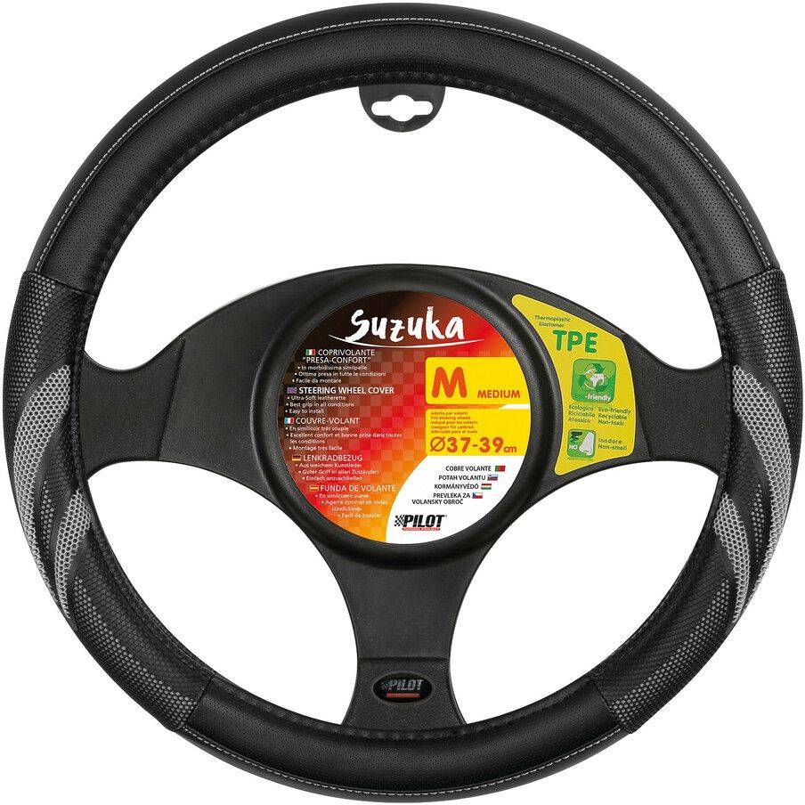 ΚΑΛΥΜΜΑ ΤΙΜΟΝΙΟΥ SUZUKA (M) 37/39CM ΔΕΡΜΑΤΙΝΗ ΜΑΥΡO/ΓΚΡΙ ΑΟΣΜΟ ECO-FRIENDLY (L3293.3) LAMPA