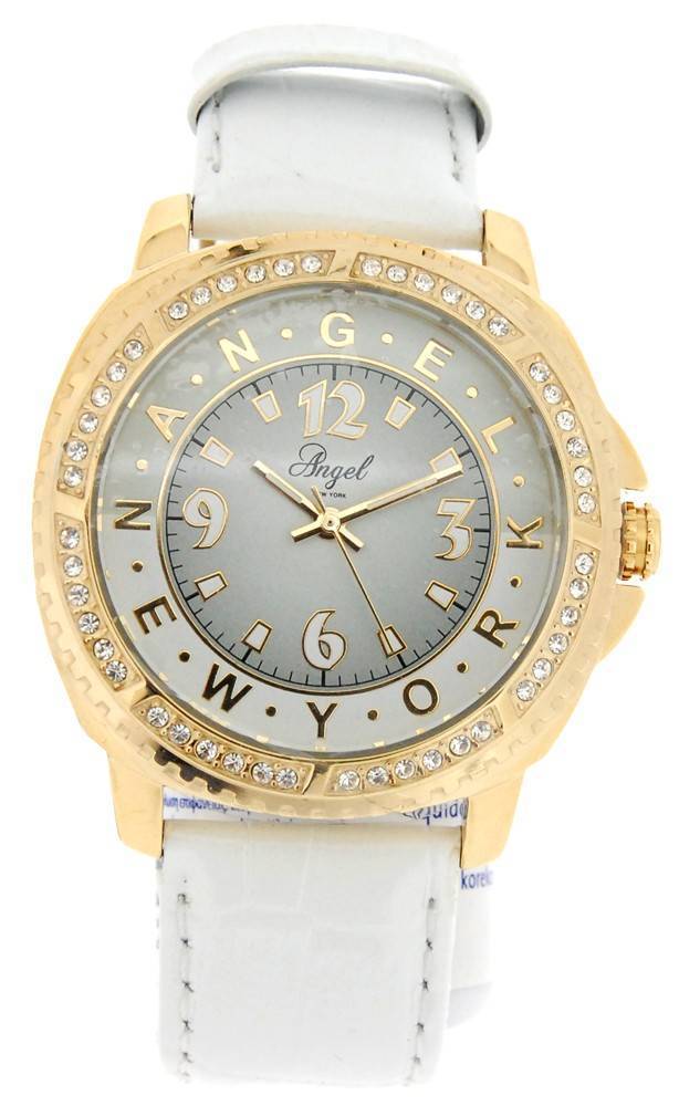 ANGEL ΓΥΝΑΙΚΕIΟ ΡΟΛOΙ ANGEL CRYSTAL WHITE LEATHER STRAP