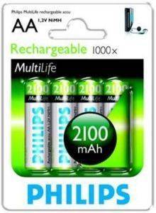  PHILIPS RECHARGEABLE MULTI LIFE AA 2100MAH 4TEM