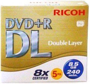 RICOH DVD+R DUAL LAYER 8,5GB 8X FULL FACE PHOTO PRINTABLE WHITE INKJET JEWEL CASE 5 PACK