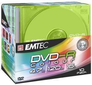 EMTEC DVD-R 16X 4,7GB 120 MIN SLIM CASE COLOUR 10 PACK