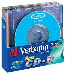 VERBATIM CD-R 8CM 210MB 24X COLOUR SLIM CASE 5 PACK