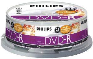 PHILIPS DVD-R 4,7GB 16X WHITE INKJET PRINTABLE CAKEBOX 25 PACK