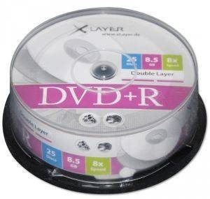 XLAYER DVD+R DUAL LAYER 8.5GB 8X INKJET WHITE PRINTABLE FULL SURFACE CAKEBOX 25 XLAYER DVD+R DUAL LAYER 8.5GB 8X INKJET WHITE PRINTABLE FULL SURFACE CAKEBOX 25