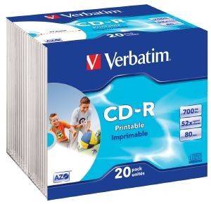 VERBATIM CD-R 700MB 80 MIN 52X DLP INKJET WHITE FULL SURFACE PRINTABLE SLIM CASE 20PCS