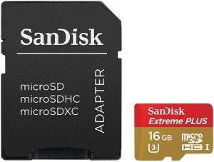 SANDISK SDSQXSG-016G 16GB EXTREME PLUS MICRO SDHC UHS-I U3 CLASS 10 WITH SD ADAPTER