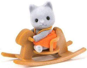 SYLVANIAN FAMILIES  GREY CAT BABY WITH ROCKING HORSE [5135]