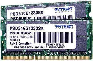 PATRIOT PSD316G1333SK 16GB (2X8GB) SO-DIMM DDR3 1333MHZ DUAL CHANNEL KIT PATRIOT PSD316G1333SK 16GB (2X8GB) SO-DIMM DDR3 1333MHZ DUAL CHANNEL KIT