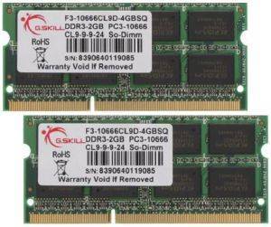 G.SKILL F3-10666CL9D-4GBSQ 4GB (2X2GB) SO-DIMM DDR3 PC3-10666 1333MHZ DUAL CHANNEL KIT G.SKILL F3-10666CL9D-4GBSQ 4GB (2X2GB) SO-DIMM DDR3 PC3-10666 1333MHZ DUAL CHANNEL KIT
