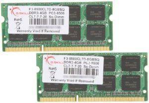 G.SKILL F3-8500CL7D-8GBSQ 8GB (2X4GB) SO-DIMM DDR3 PC3-8500 1066MHZ DUAL CHANNEL KIT G.SKILL F3-8500CL7D-8GBSQ 8GB (2X4GB) SO-DIMM DDR3 PC3-8500 1066MHZ DUAL CHANNEL KIT
