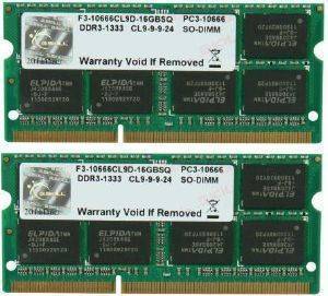 G.SKILL F3-10666CL9D-16GBSQ 16GB (2X8GB) SO-DIMM DDR3 PC3-10666 1333MHZ DUAL CHANNEL KIT