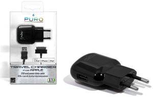 PURO IPAD IPHONE TRAVEL CHARGER 2.1A BLACK + USB IPAD CABLE BLACK + EXTRA USB PORT APPLE CERTIFIED