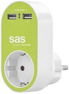 SAS 100-15-129 POWER ADAPTER WITH 1X SCHUKO AND 2X USB GREEN