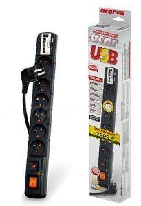 ACAR SURGE PROTECTOR USB 3M BLACK 6 OUTLETS + 2X USB 2.1A  