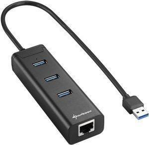 SHARKOON 3-PORT USB 3.0 ALUMINIUM HUB + RJ45 ETHERNET ADAPTER BLACK