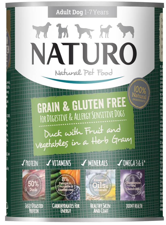 ΚΟΝΣΕΡΒΑ ΣΚΥΛΟΥ NATURO GRAIN - GLUTEN FREE ΠΑΠΙΑ-ΒΑΤΟΜΟΥΡΑ - ΚΟΛΟΚΥΘΑ 390GR