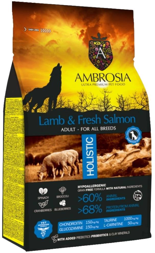 AMBROSIA ΤΡΟΦΗ ΣΚΥΛΟΥ AMBROSIA GRAIN FREE ADULT ALL BREEDS ΑΡΝΙ - ΣΟΛΩΜΟΣ 12KG