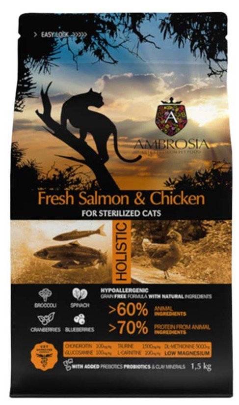 ΤΡΟΦΗ AMBROSIA GRAIN FREE ADULT STERILIZED ΣΟΛΟΜΟΣ - ΚΟΤΟΠΟΥΛΟ 1.5KG