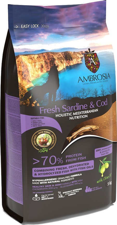 AMBROSIA ΤΡΟΦΗ ΣΚΥΛΟΥ AMBROSIA MEDITERRANEAN DIET SENIOR LIGHT STERILIZED ΣΑΡΔΕΛΑ - ΜΠΑΚΑΛΙΑΡΟΣ 5KG