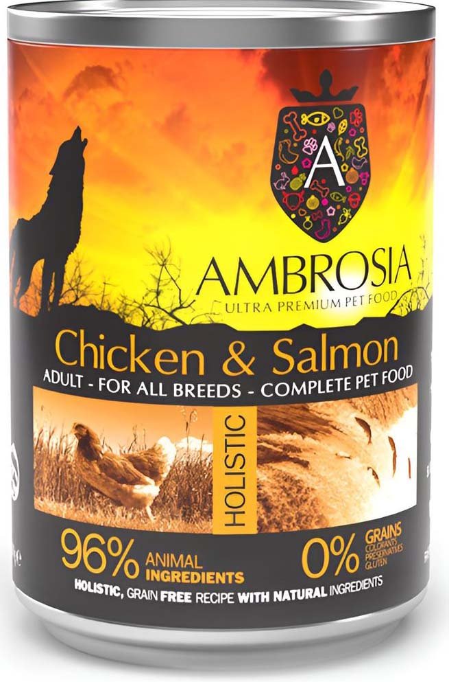 AMBROSIA ΚΟΝΣΕΡΒΑ ΣΚΥΛΟΥ AMBROSIA GRAIN FREE ADULT ΚΟΤΟΠΟΥΛΟ - ΣΟΛΟΜΟΣ (400GR)