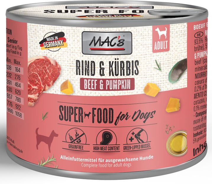 MACS ΚΟΝΣΕΡΒΑ ΣΚΥΛΟΥ MACS ΒΟΔΙΝΟ ΚΟΛΟΚΥΘΑ GRAIN FREE (200GR)