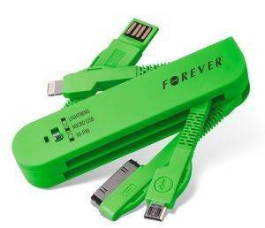 FOREVER 3IN1 USB CABLE FOR APPLE IPHONE 4/5 & MICRO USB GREEN
