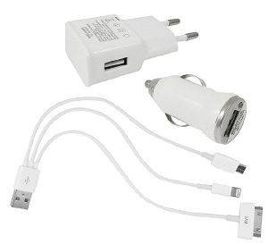 EAXUS COMBO USB CHARGER KIT 1000MAH CAR + TRAVEL CHARGER + 3 IN 1 CABLE WHITE