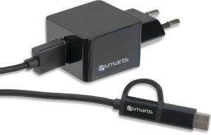 4SMARTS WALL CHARGER VOLTPLUG 12W WITH MICRO-USB & USB TYPE-C CABLE 1.5M BLACK
