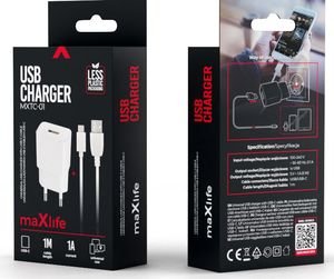 MAXLIFE UNIVERSAL TRAVEL CHARGER MXTC-01 USB 1A + TYPE-C CABLE WHITE MAXLIFE UNIVERSAL TRAVEL CHARGER MXTC-01 USB 1A + TYPE-C CABLE WHITE