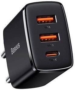 BASEUS WALL COMPACT QUICK CHARGER 2XUSB + TYPE-C PD 3A 30W BLACK