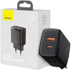 BASEUS COMPACT 2 PORT QUICK CHARGER USB + TYPE-C 20W BLACK