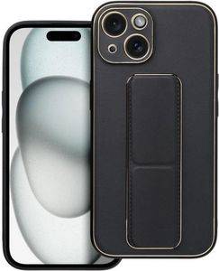 LEATHER CASE KICKSTAND FOR IPHONE 15 PLUS BLACK