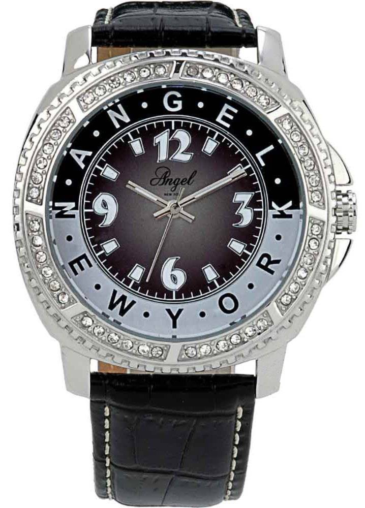ANGEL ΓΥΝΑΙΚΕIΟ ΡΟΛOΙ ANGEL ANGEL CRYSTAL BLACK LEATHER STRAP