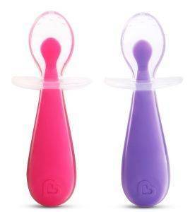  2   MUNCHKIN 2PK GENTLE SILICONE SPOONS PURPLE/PINK